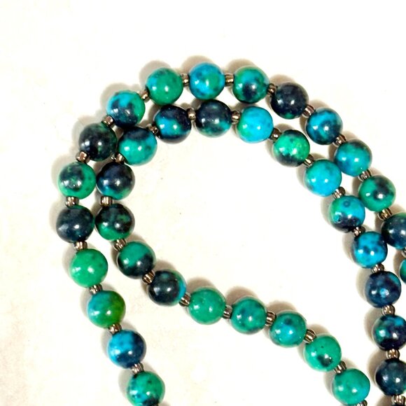 Teal Chrysocolla Short Necklace, Genuine Gemstone & Silver Cat on the Moon Charm - Picture 8 of 13